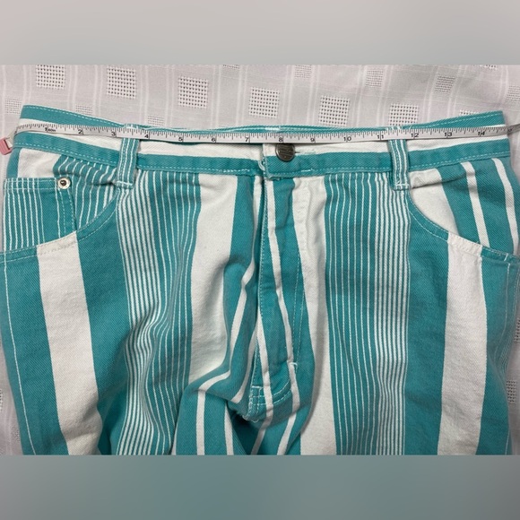 Vintage Gitano Teal White Striped Cotton Shorts Size 34W High Rise 90s - Picture 14 of 15